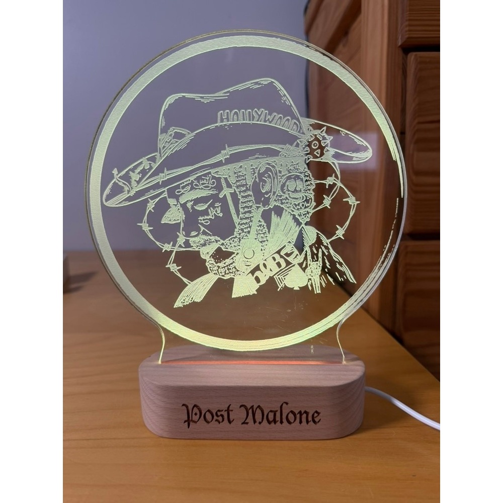 Post Malone LED 3D Acrylic Illusion Lamp Color Changing Wood Base Music Decor
